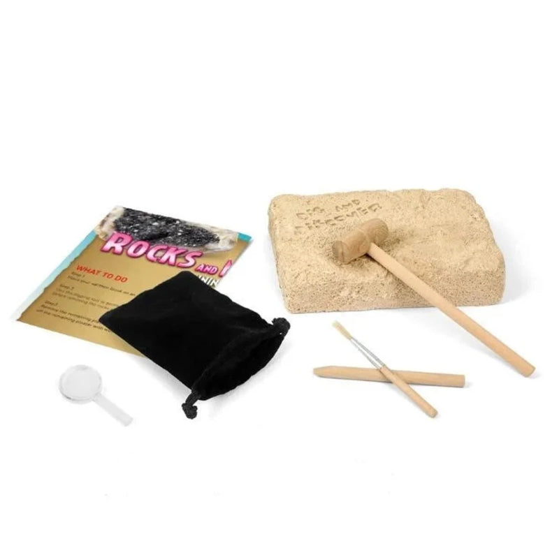 Rocks and Minerals Mining Kit contents, including digging tools, sand block, and instructions - perfect geology kit for kids