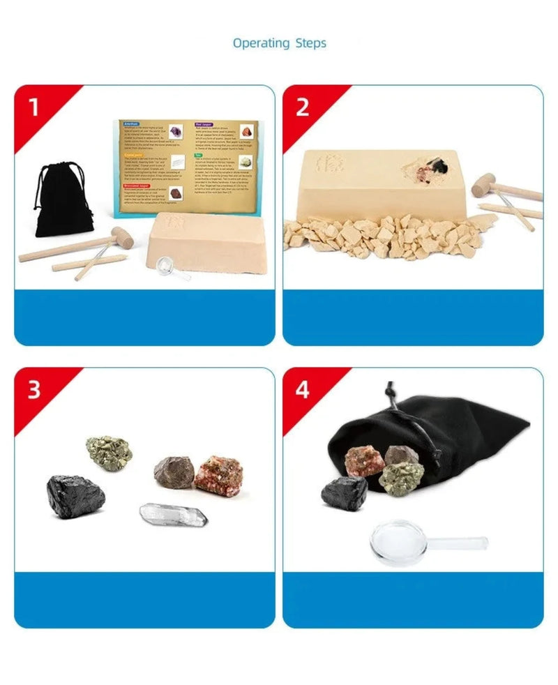 Step-by-step guide for Rocks and Minerals Mining Kit - includes excavation tools and instructions for discovering gemstones