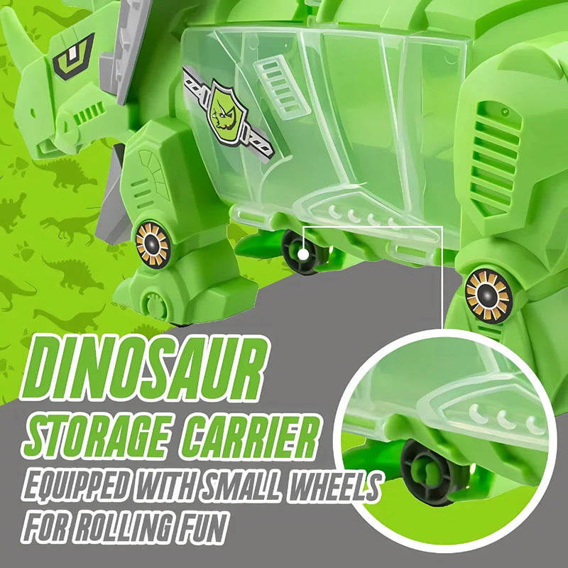 Rolling dinosaur storage carrier toy equipped with wheels for easy transportation and fun.