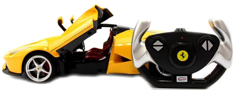 Yellow toy car with remote control featuring Ferrari logo
