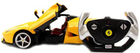 Yellow toy car with remote control featuring Ferrari logo