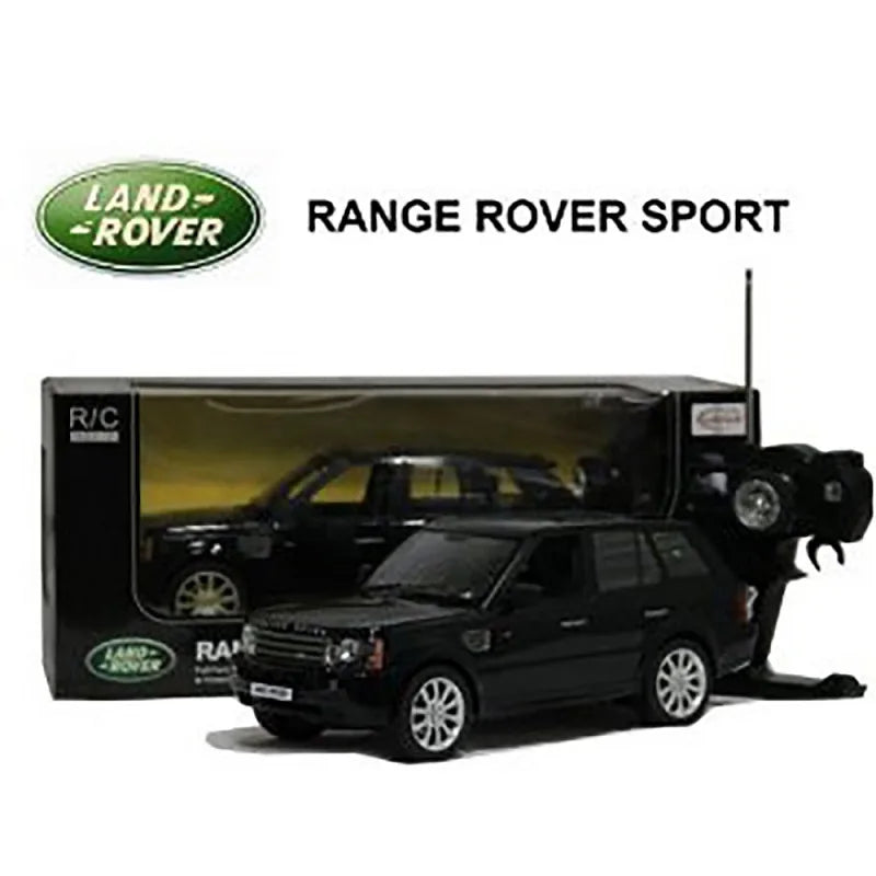 Black Land Rover Range Rover Sport model car with remote control, displayed in front of its packaging.