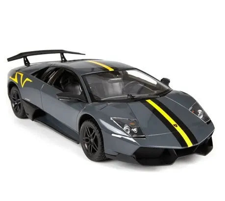 Model car with yellow stripes on a white background