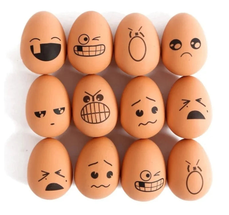 op view of rubber bouncy eggs with funny expressions, a fun bouncing egg toy for kids.