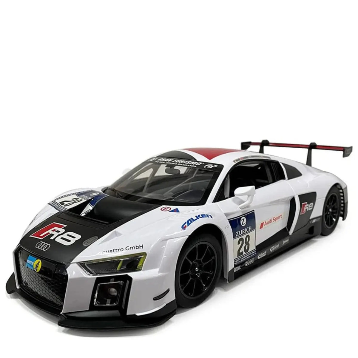 Model of a racing car with various sponsor logos on a white background