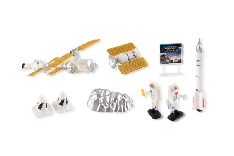 Satellite, astronauts, and rocket space shuttle toy set for children’s space-themed play.