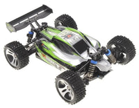 Green and black remote control car on a white background