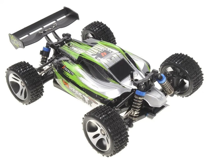 Green and black remote control car on a white background