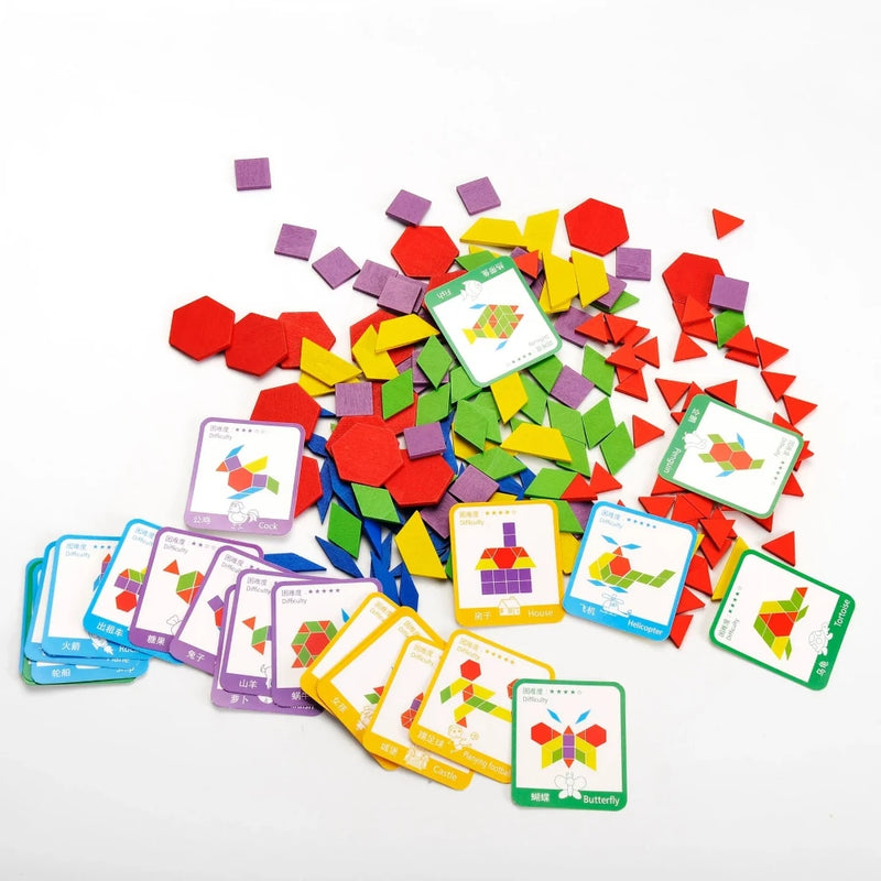Set of wooden puzzles with pattern cards for creative learning, includes colorful wooden blocks and design cards.