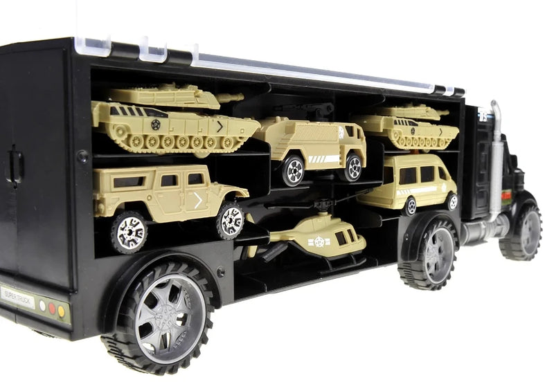 Side view of toy transporter truck carrying army vehicles, ready for playtime adventures