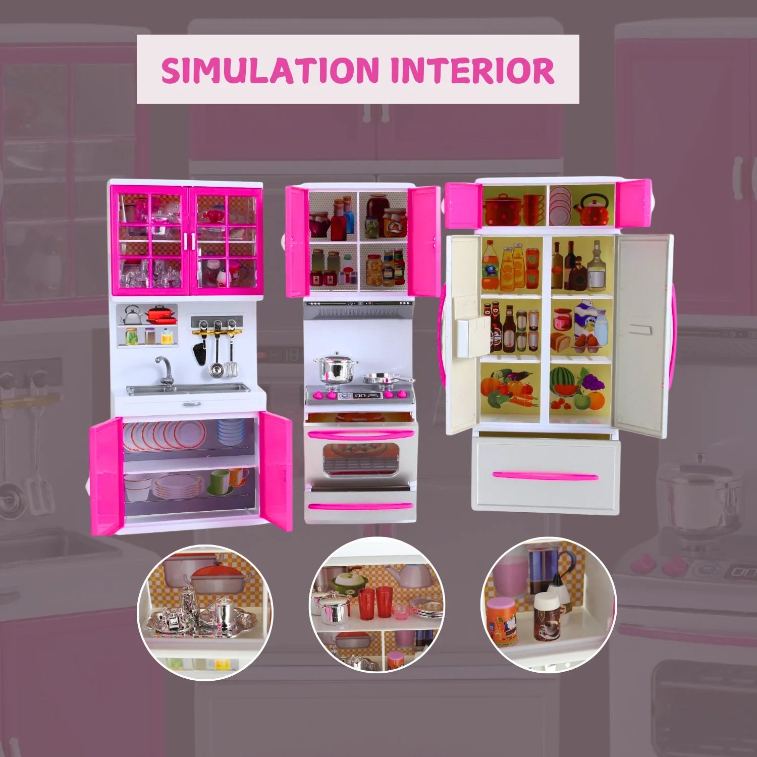 Detailed simulation interior of a kids' kitchen playset with stove, refrigerator, sink, and cabinets