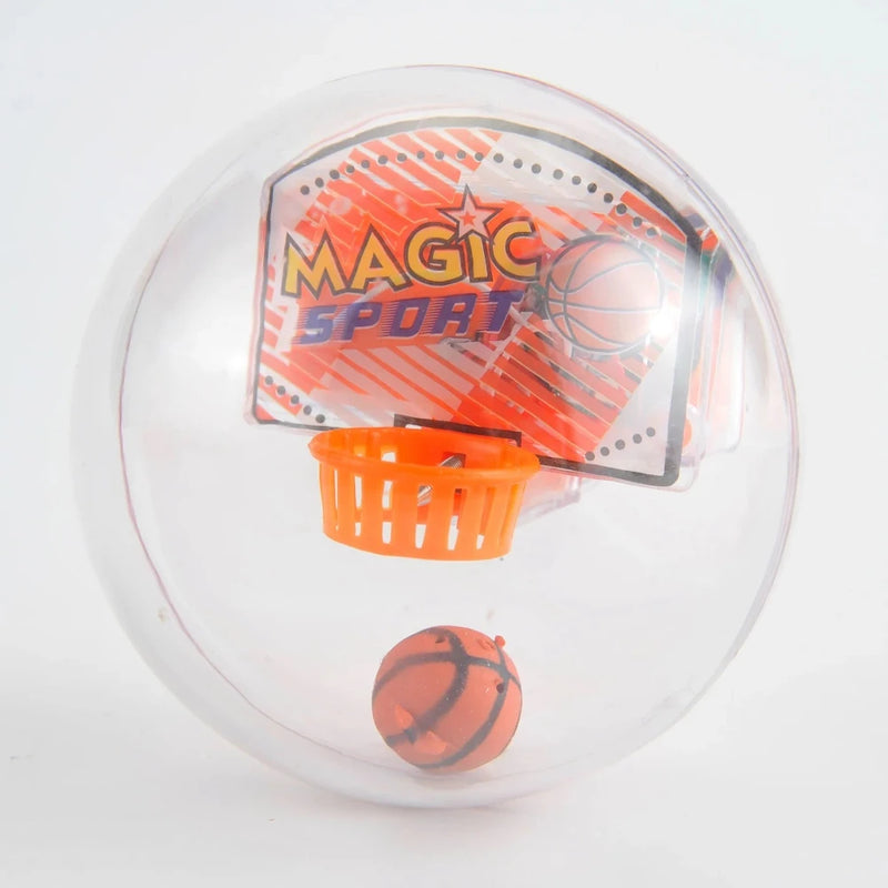 "Close-up of single Magic Sport basketball toy with mini hoop inside a clear plastic sphere.