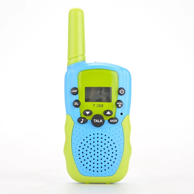 Single toy walkie talkie for kids, designed with a blue and green color scheme, featuring easy-to-use buttons and a clear display