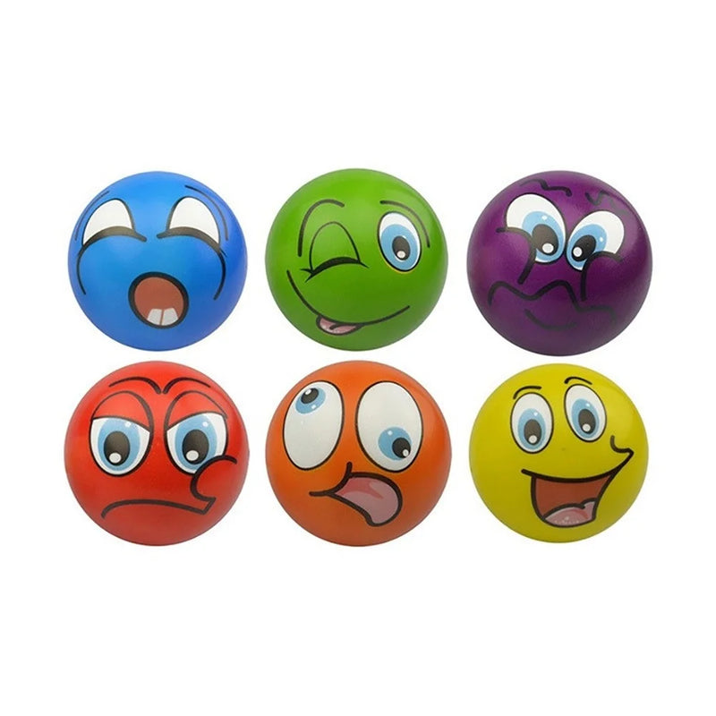 Six emoji stress balls in different colors with a variety of expressions, ideal for fun and stress relief
