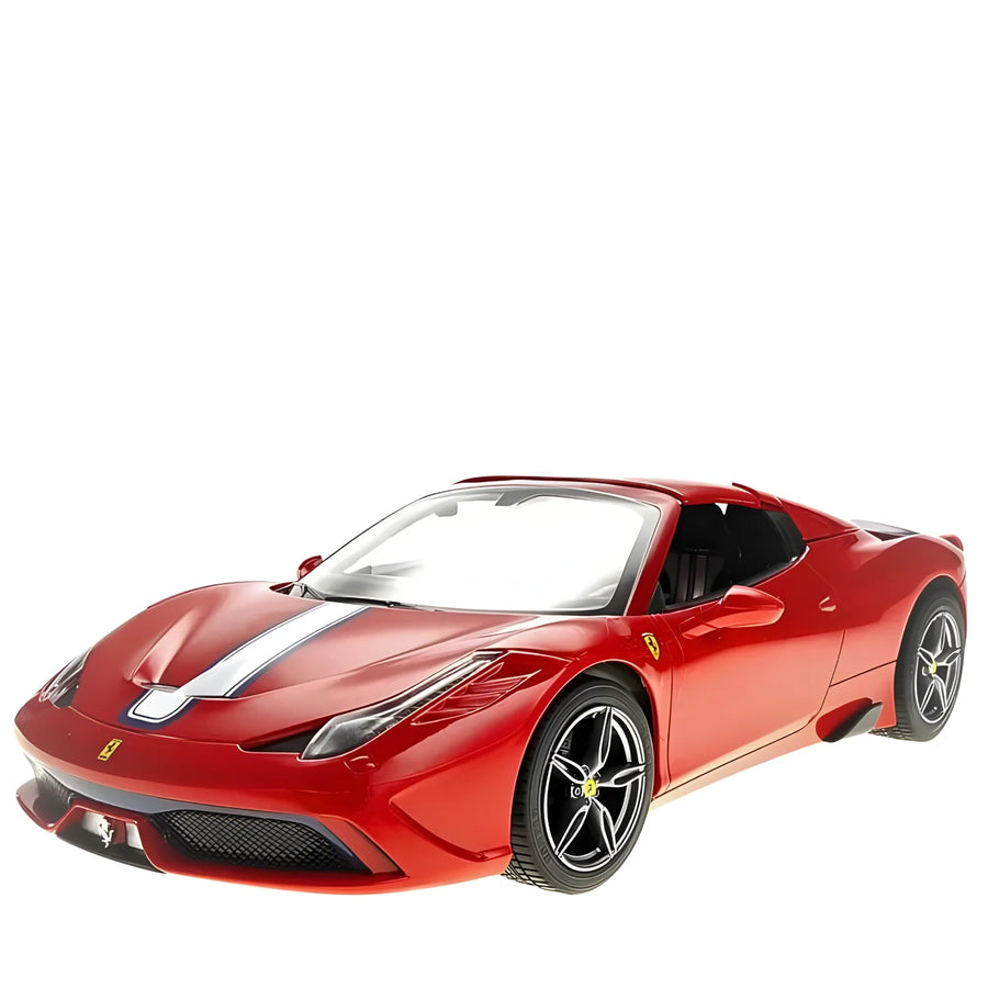 Red toy car with white stripes on a white background