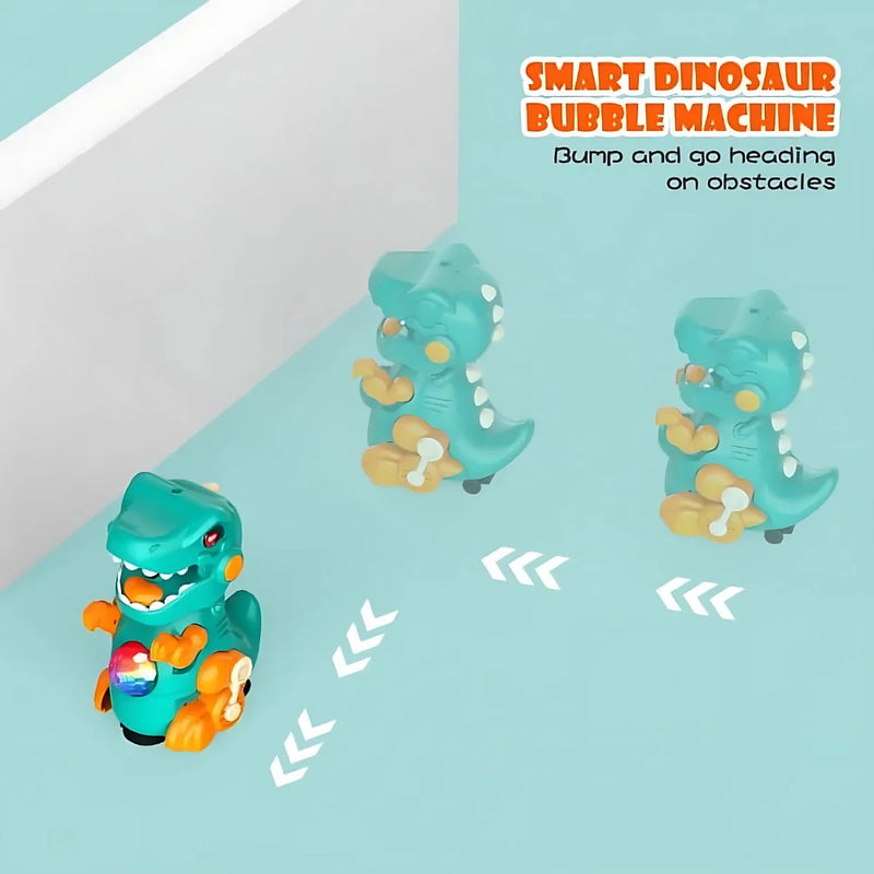 Smart dinosaur bubble machine with bump-and-go technology, automatically redirecting when hitting obstacles.
