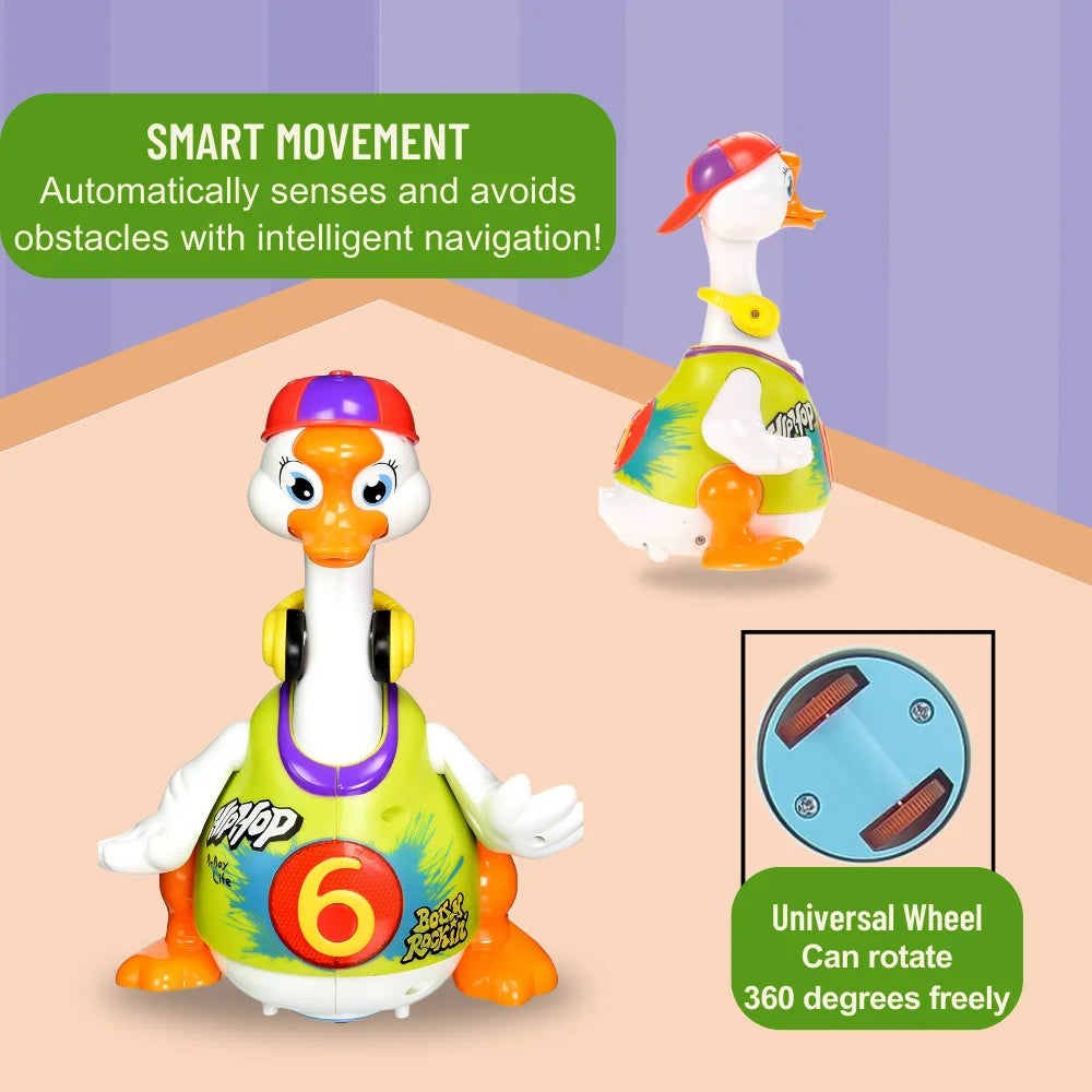 Hip hop duck toy featuring smart movement and obstacle avoidance for safe and intelligent navigation