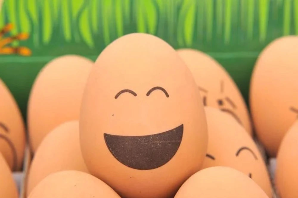 Front view of smiling rubber bouncy egg, included in the fun pack of bouncy eggs.