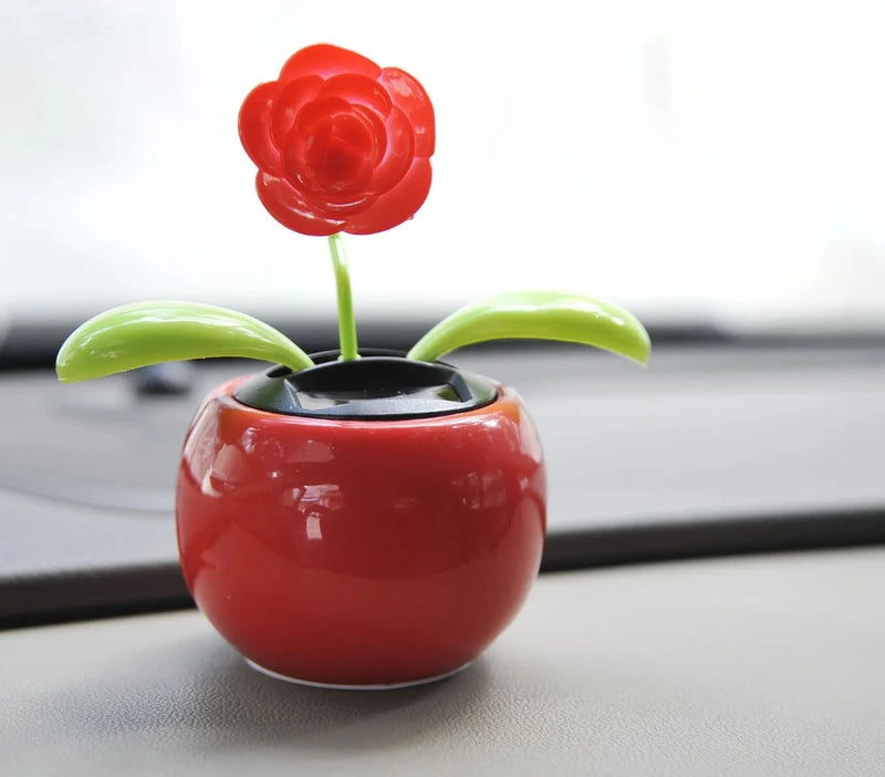 Solar powered flower pot toy on car dashboard, an eco-friendly dancing flower for decoration