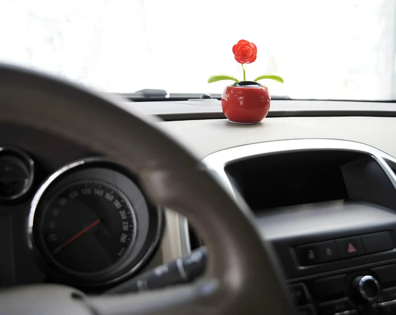 Solar flower toy in red pot placed on car dashboard, ideal solar-powered toy for car interiors
