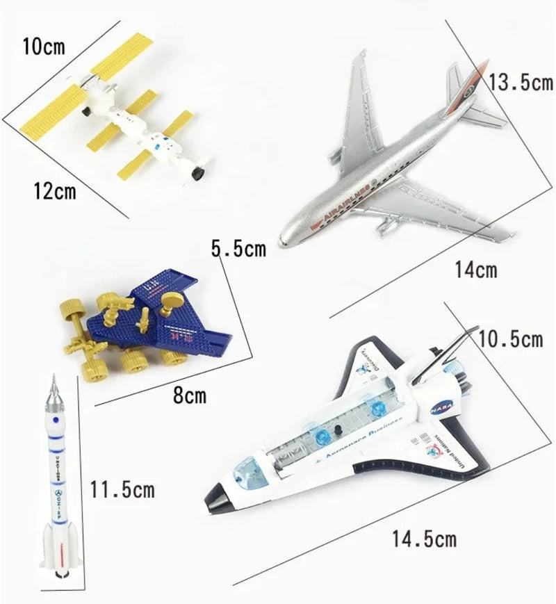 Space explorer toy set with rocket, space shuttle, and satellite, ideal for young space enthusiasts.