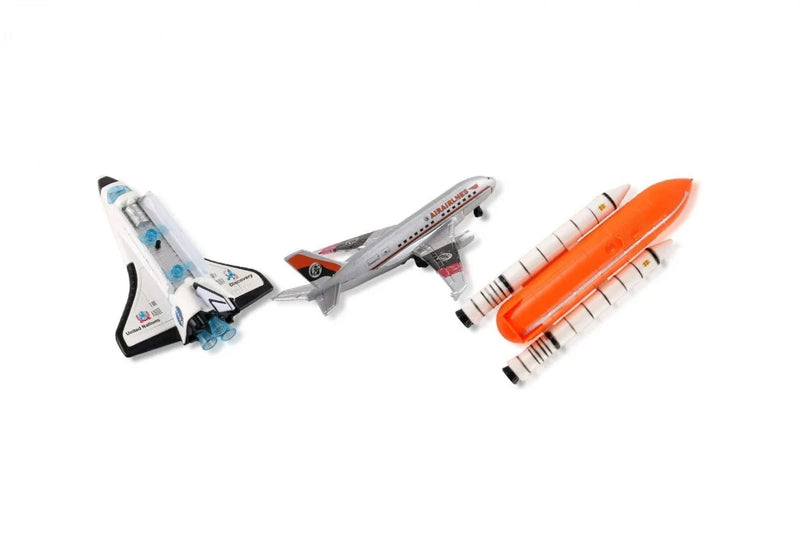 Toy space shuttle with airplane and rocket, a fun playset for kids interested in space travel.