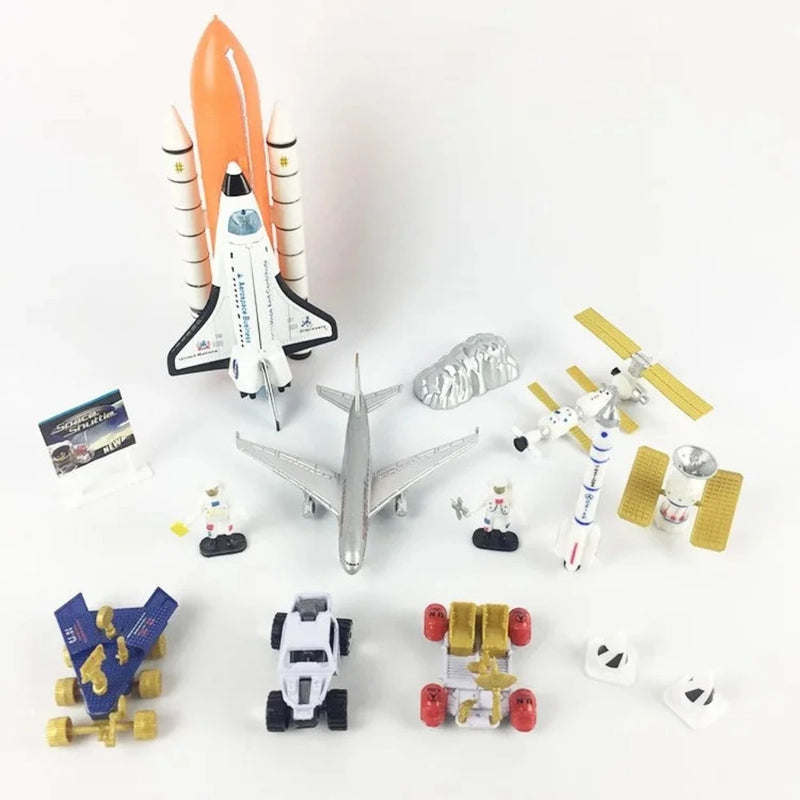 Space shuttle toy playset featuring a rocket, astronauts, and various space accessories for kids.