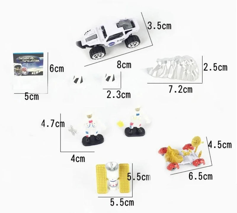 Space shuttle toy set with dimensions shown, including astronauts and lunar modules