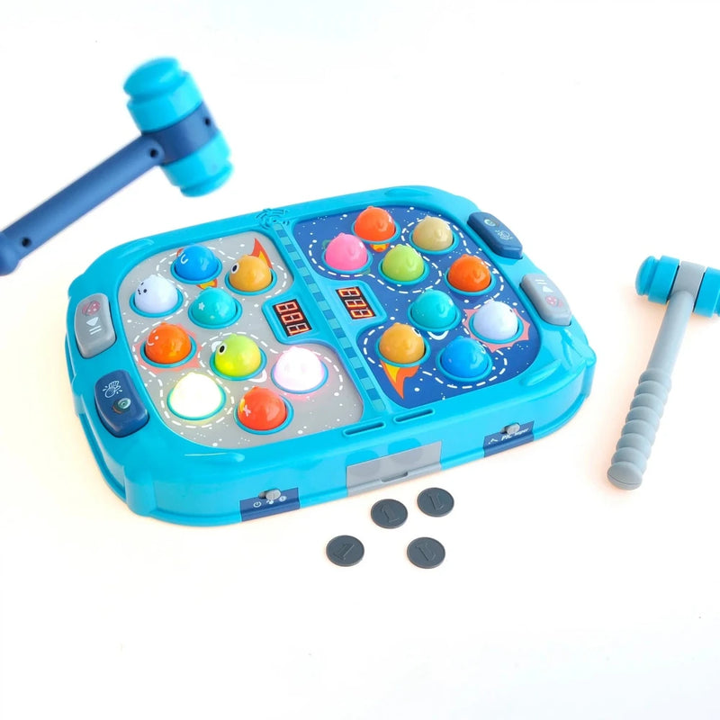 Learning Fun Great Galaxy Space War Game for kids, with interactive hammers, colorful buttons, and score display