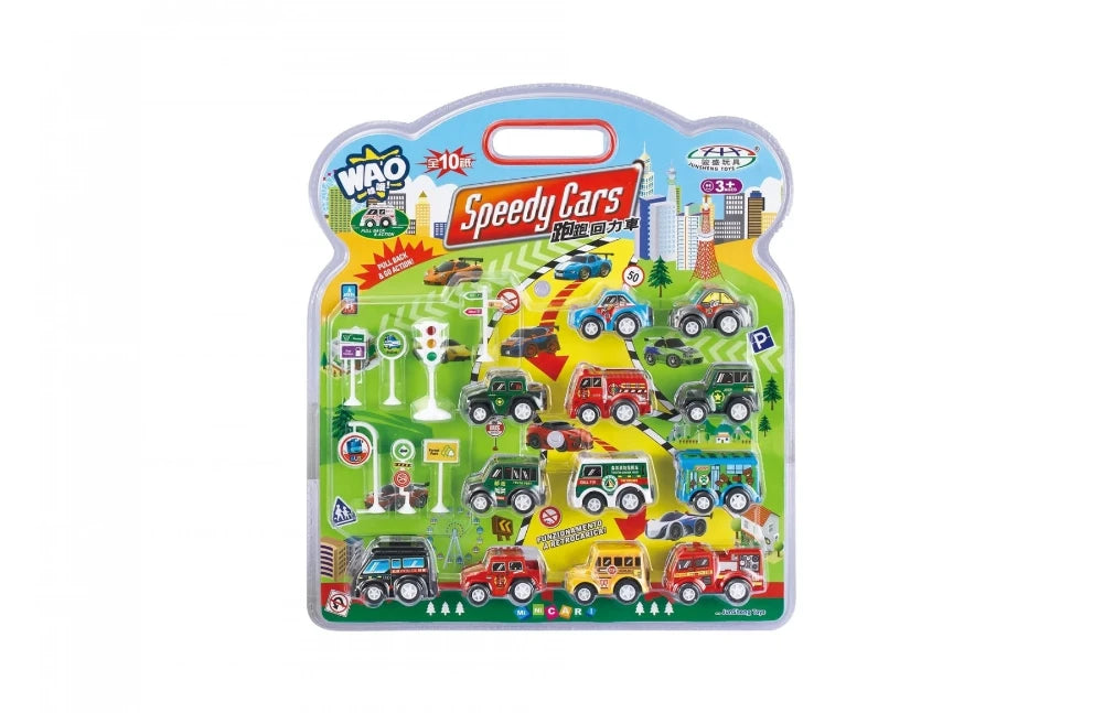 12-Piece Pull Back and Go Toy Cars with Road Signs – Fun Vehicle Playset for Kids