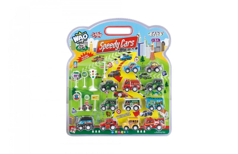 Speedy Cars pull back toy set with 10 vehicles and multiple road signs for interactive play sessions