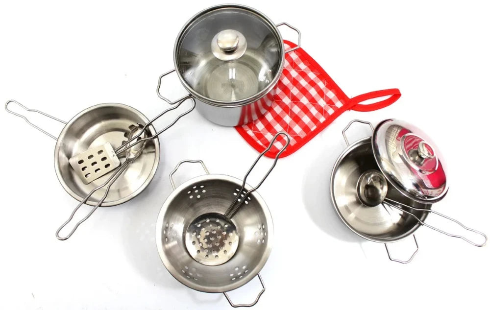 Complete stainless steel cookware play set for kids, including pots, pans, and utensils