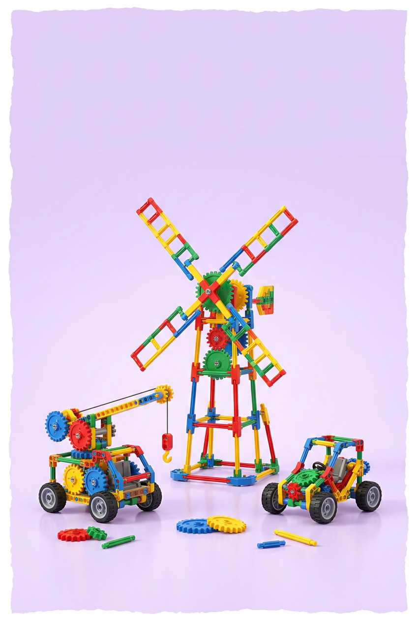 STEM construction toy artwork with reserved lavender heading space above the toys