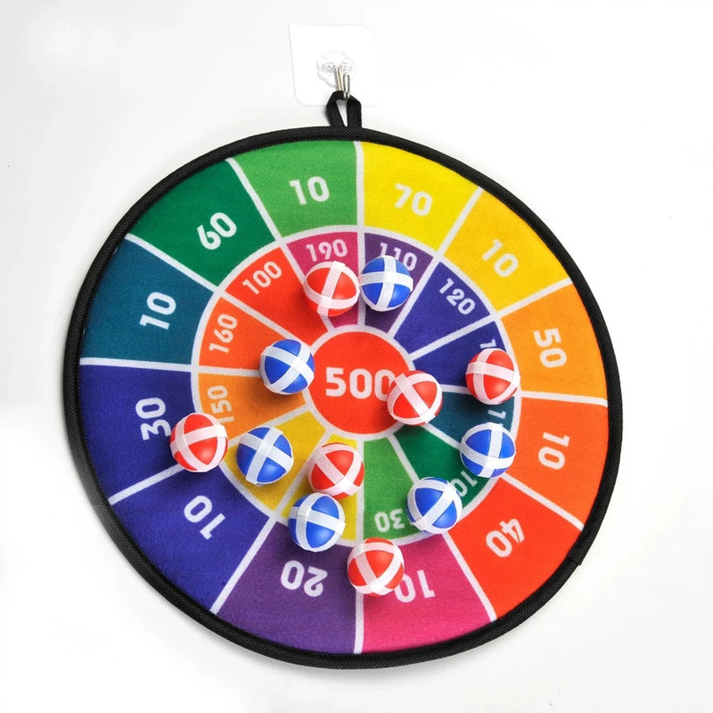Colorful sticky ball dart board game with score zones for kids and family fun.