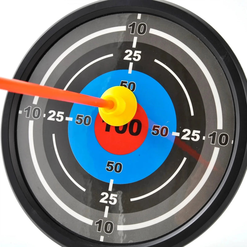 Close-up of a suction-cup arrow hitting the center of a kids’ archery target - a fun aim challenge for children