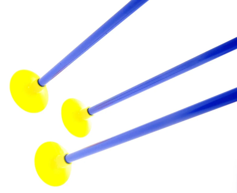 Close-up view of blue and yellow suction cup arrows for toy bow and arrow set, designed for kids’ safe archery practice.