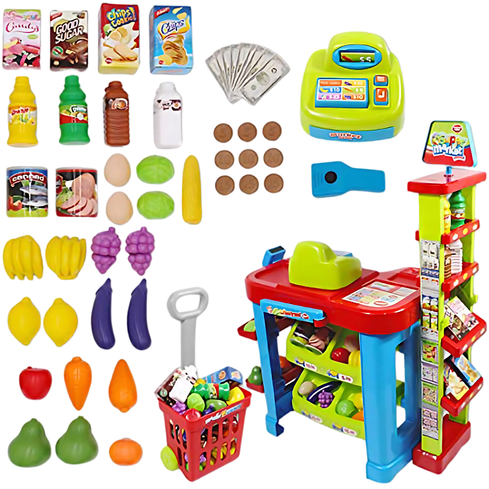 Supermarket playset with cash register, shopping cart, and a variety of play food and groceries.