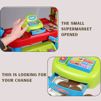 Accessories of the supermarket playset, including play food, cash register, and shopping basket.