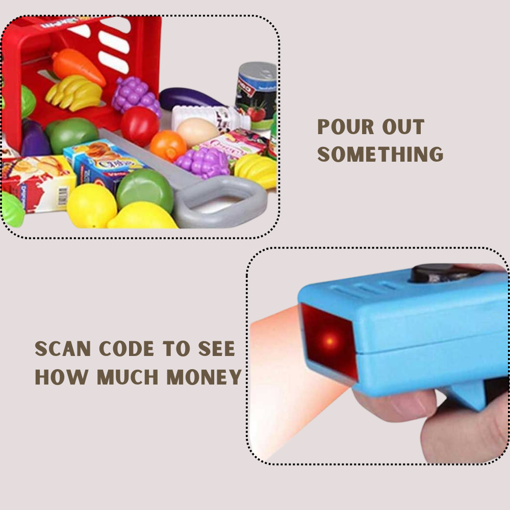 Accessories of the supermarket playset, including play food, cash register, and shopping basket