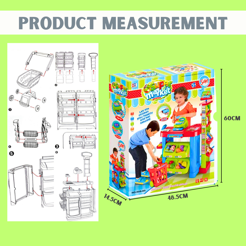 Dimensions of kids supermarket playset with packaging and assembly guide.

