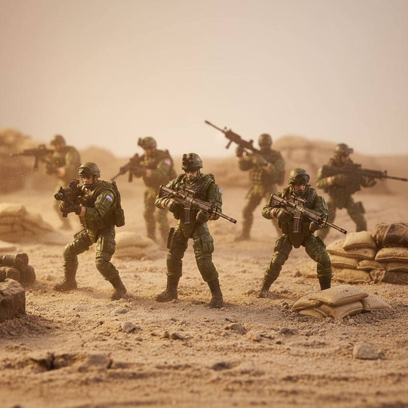 Collection of action figures in various military uniforms and weapons on a white background