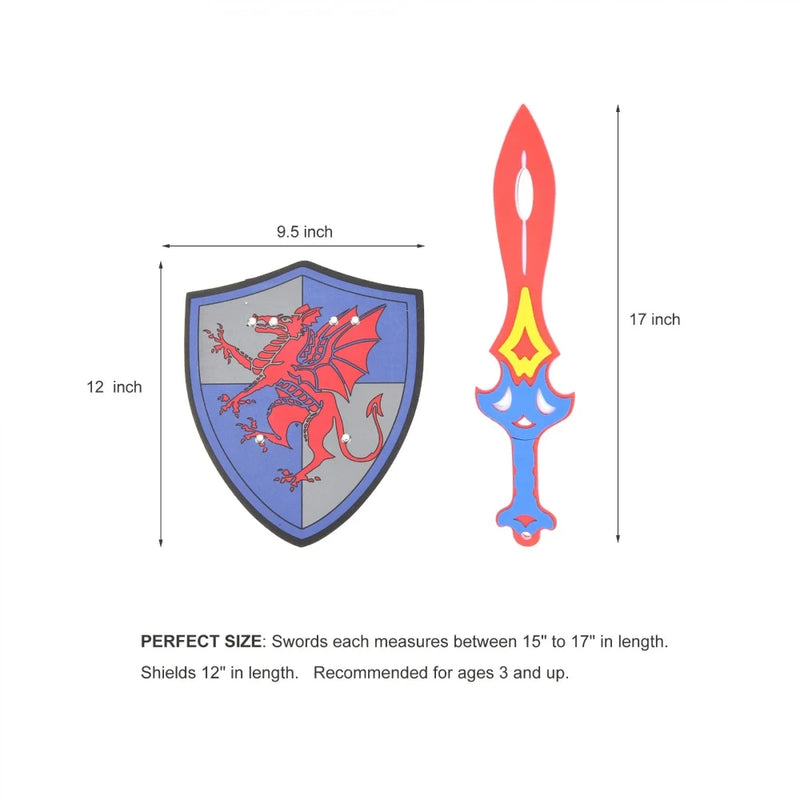 Dimension guide for toy sword and shield playset, featuring a 17-inch sword and a 12-inch shield with a dragon emblem.