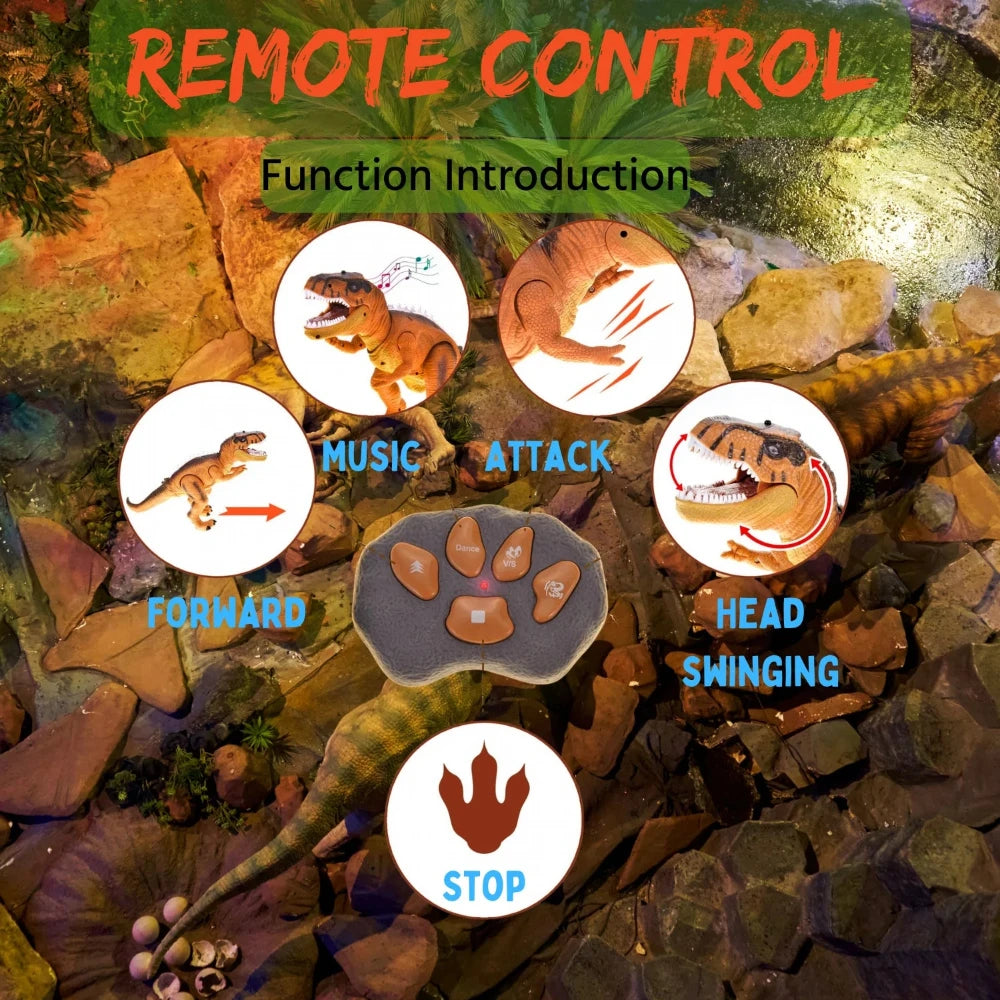 Remote control functions for T-Rex dinosaur toy, including music, head movement, and attack actions