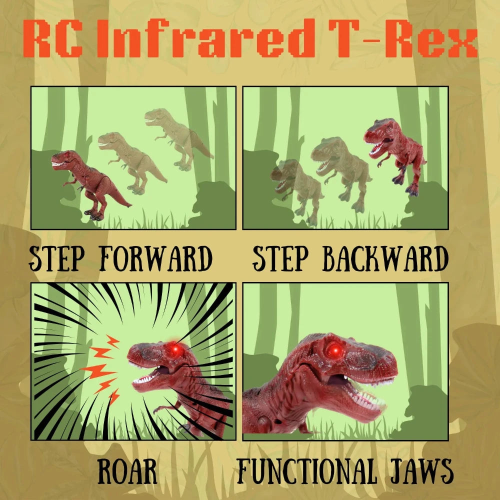 T-Rex dinosaur toy demonstrating infrared remote control features like movement and roaring.