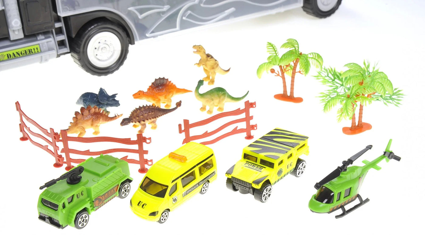 22" Dinosaur Transport Truck with Cars, Helicopter, and Dinosaur Toys – Ultimate Car Carrier Playset