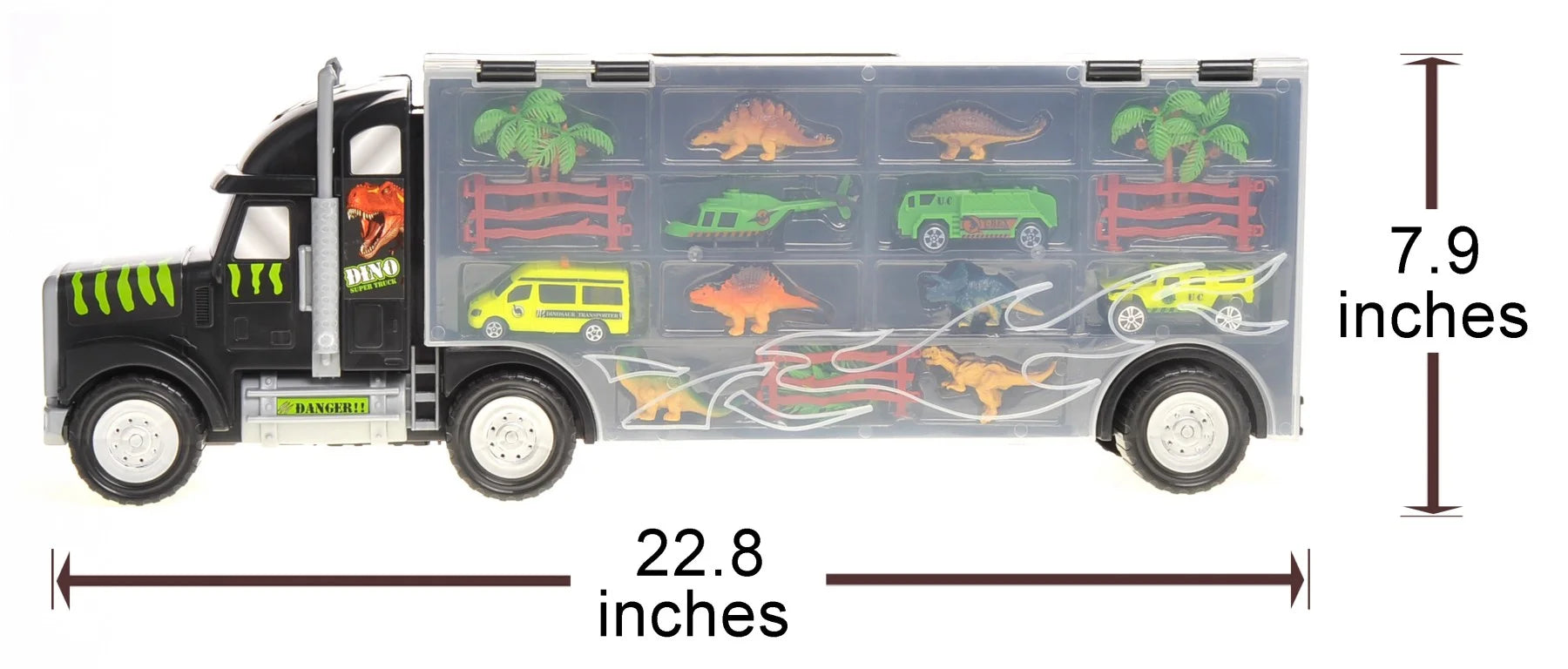 22" Dinosaur Transport Truck with Cars, Helicopter, and Dinosaur Toys – Ultimate Car Carrier Playset