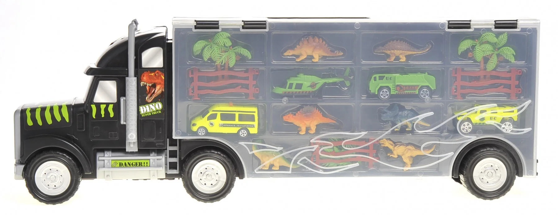 22" Dinosaur Transport Truck with Cars, Helicopter, and Dinosaur Toys – Ultimate Car Carrier Playset