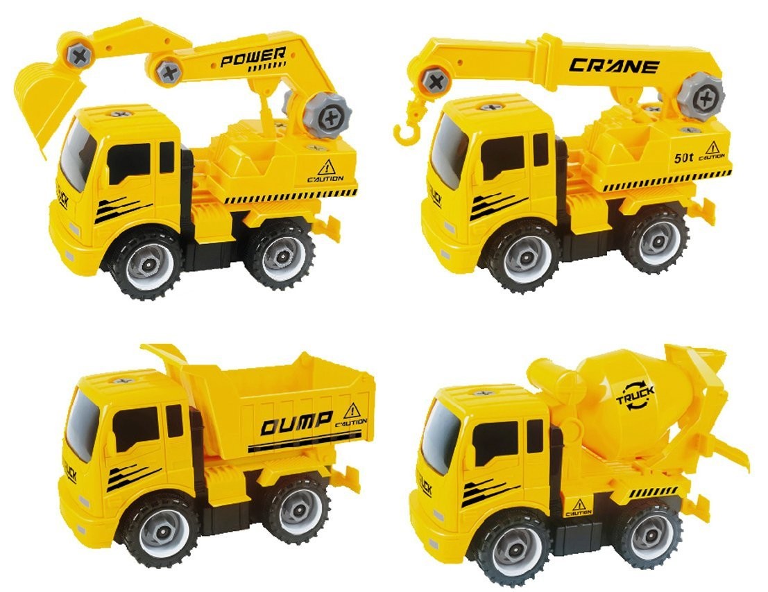 Take-A-Part Construction Trucks Set – Friction Powered Crane, Excavator, Mixer & Dump Truck