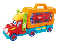 Take-apart car toy hauler with a bright design, including an engine and tool storage compartment, ideal for hands-on learning