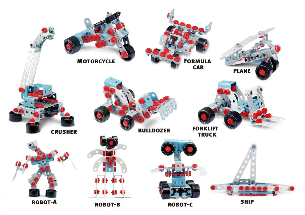  take apart toys featuring multiple buildable models, including motorcycle, formula car, plane, bulldozer, and robot figures